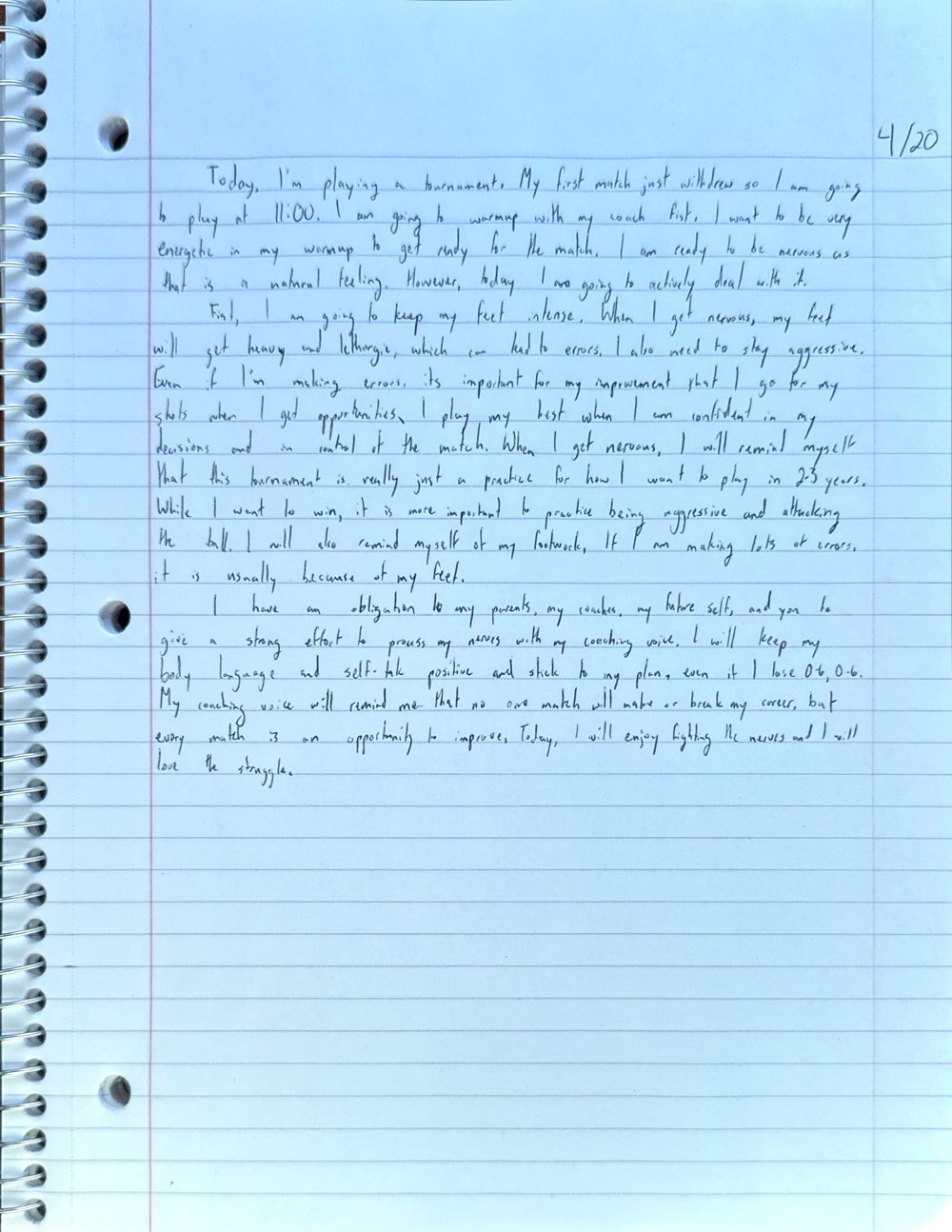Scan of the handwritten notebook page, April 20, 2024
