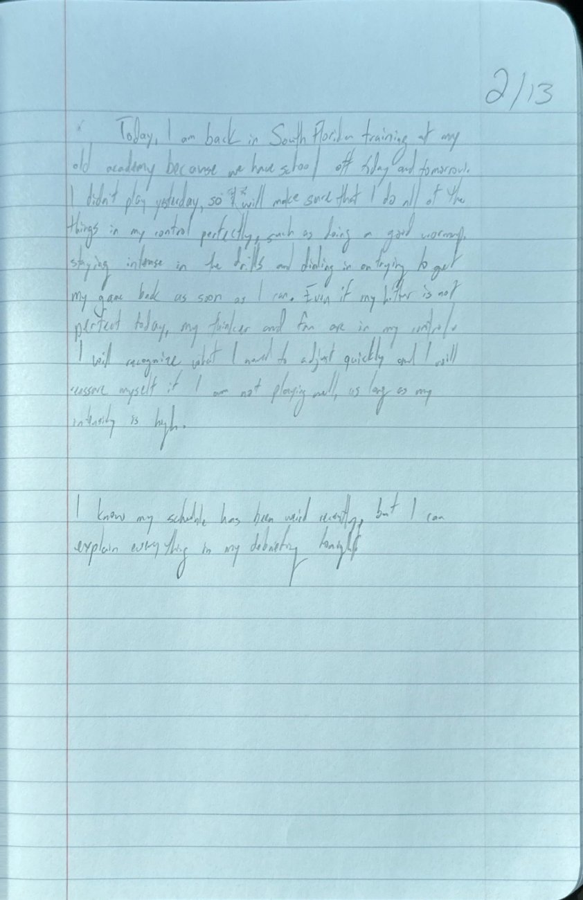 Scan of the handwritten notebook page, February 13, 2025