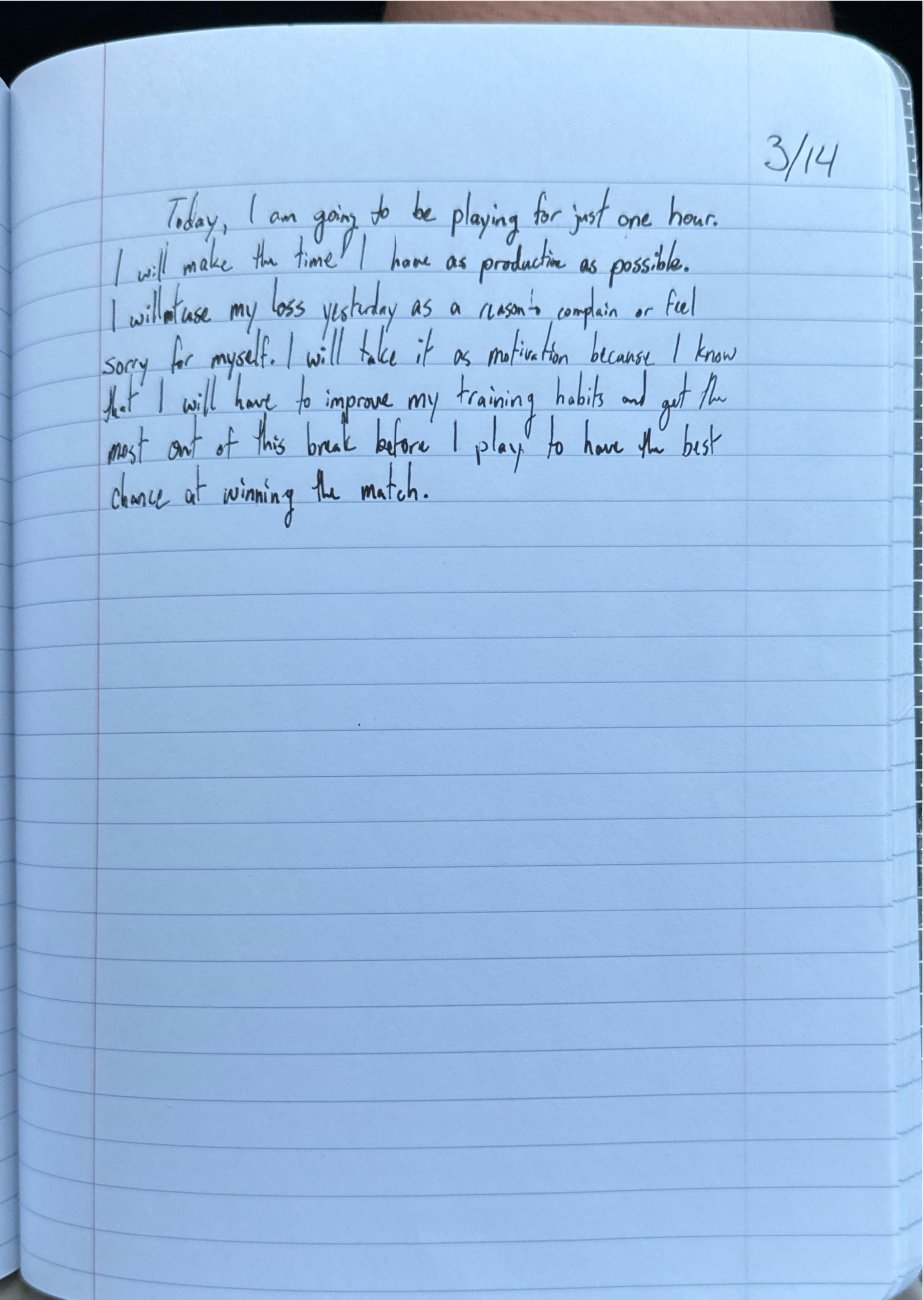 Scan of the handwritten notebook page, March 14, 2025