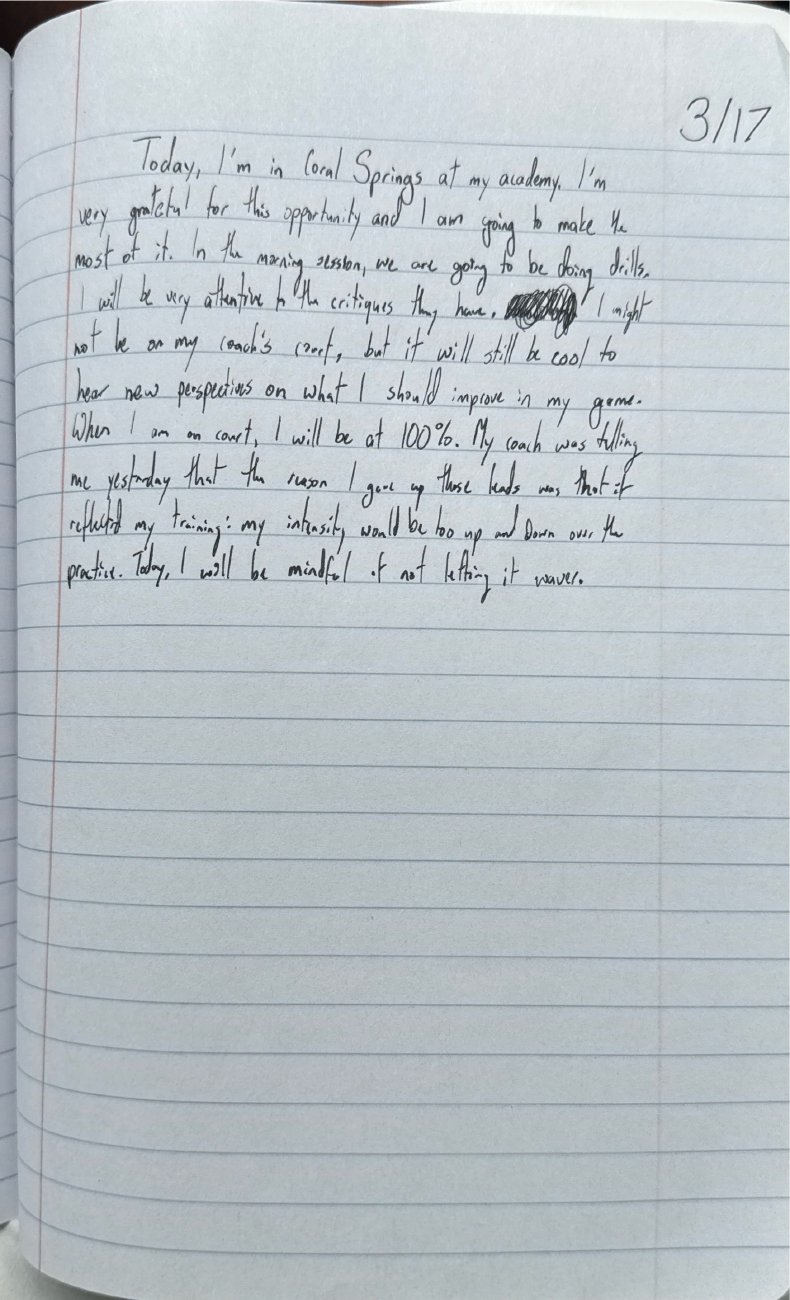 Scan of the handwritten notebook page, March 17, 2025