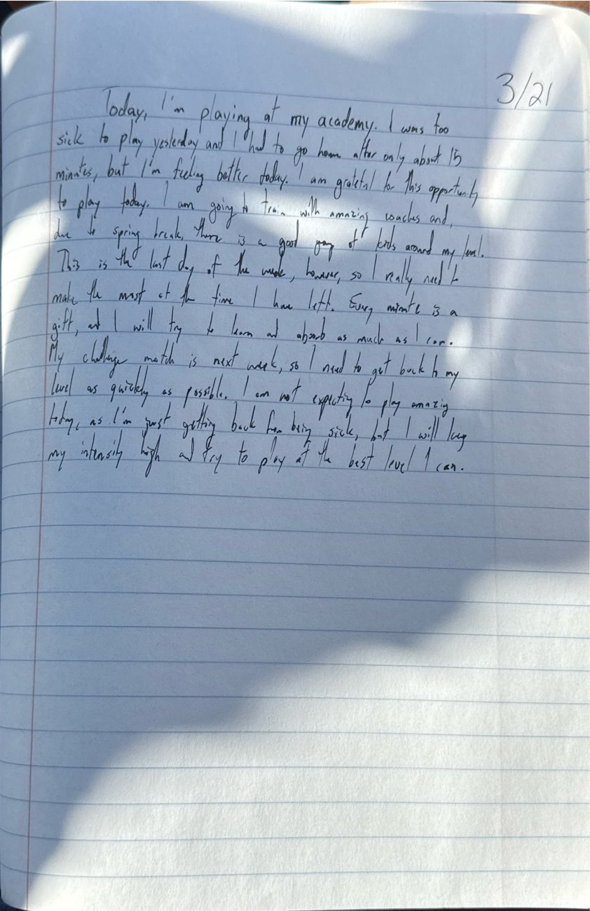 Scan of the handwritten notebook page, March 21, 2025