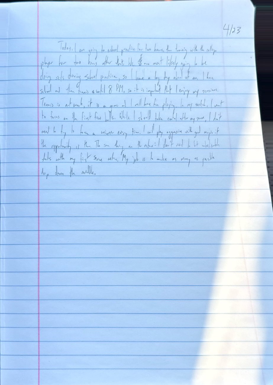 Scan of the handwritten notebook page, April 23, 2025