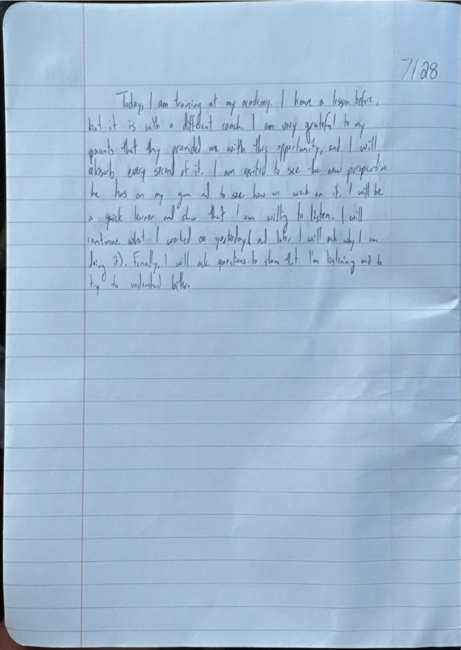 Scan of the handwritten notebook page, July 28, 2025